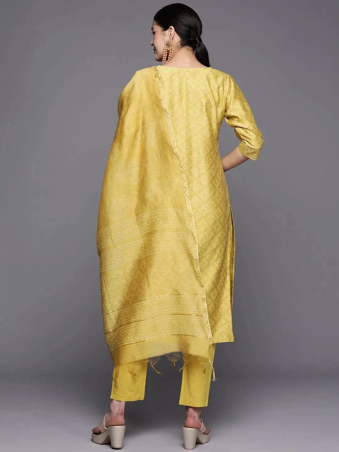 Mustard Printed Chanderi Silk Straight Suit Set With Trousers - Libas 
