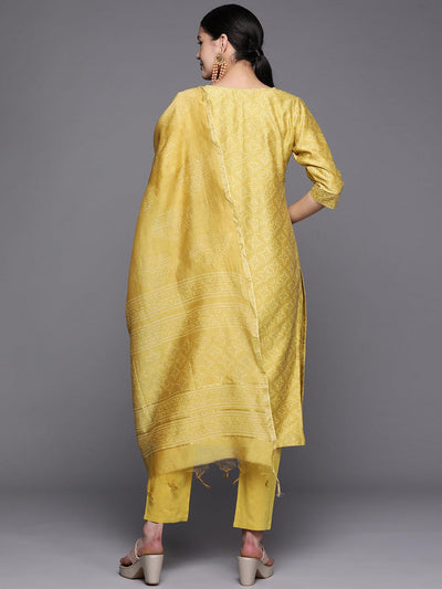 Mustard Printed Chanderi Silk Straight Suit Set With Trousers - Libas