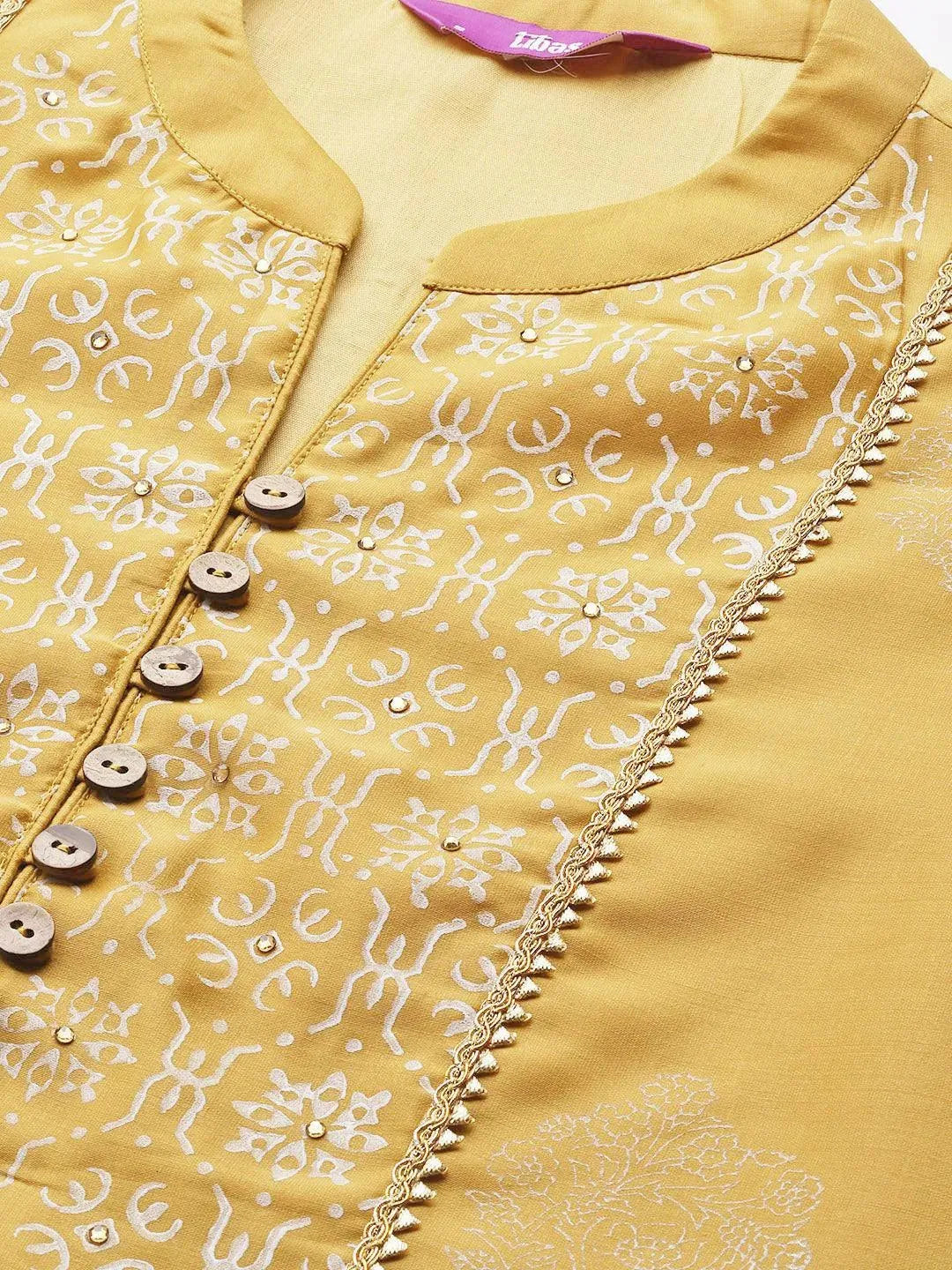 Mustard Printed Chanderi Silk Straight Suit Set - Libas 