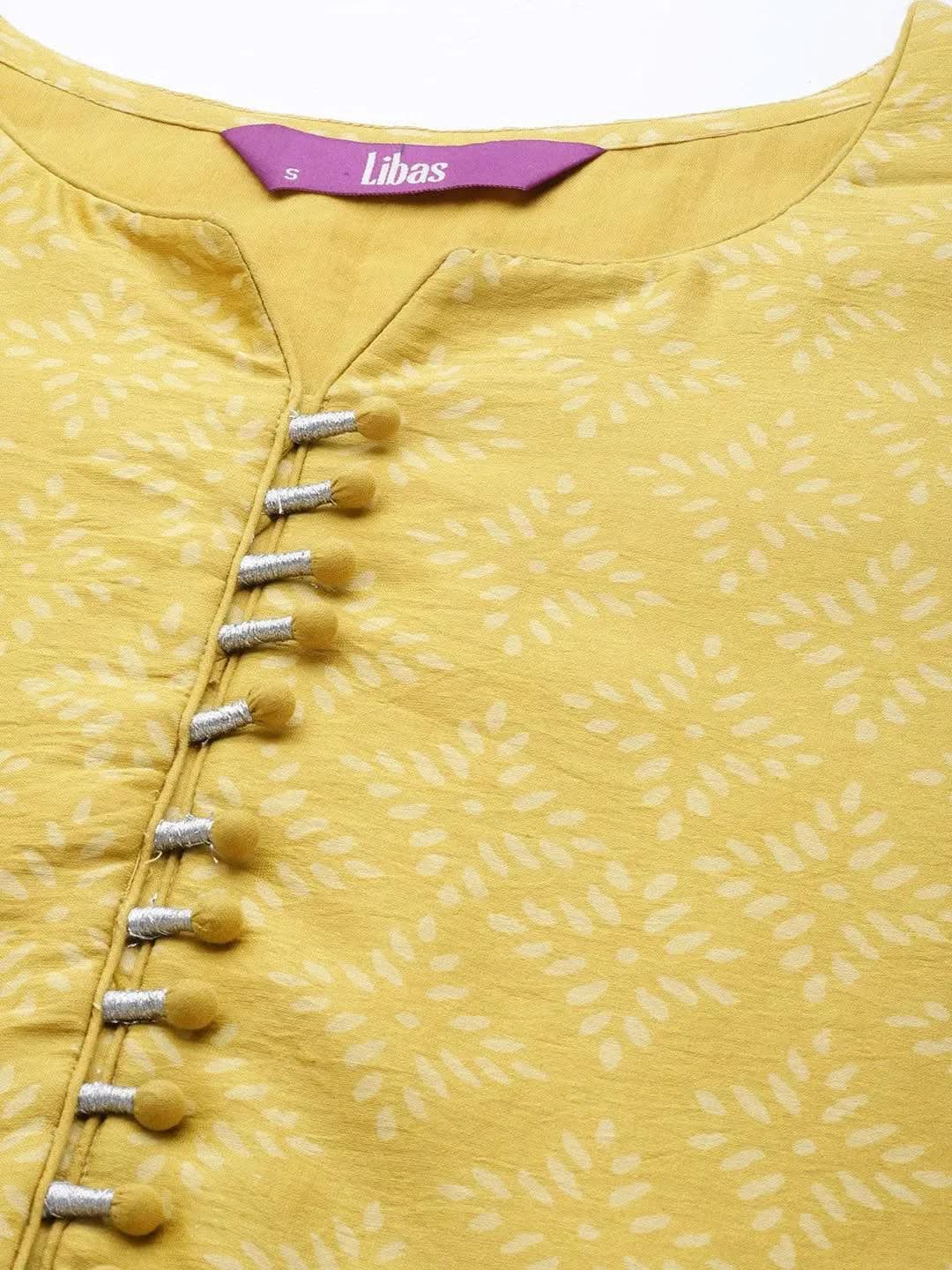Mustard Printed Chanderi Silk Straight Suit Set With Trousers - Libas 