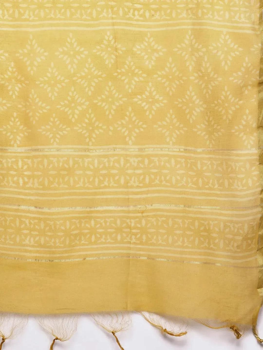 Mustard Printed Chanderi Silk Straight Suit Set With Trousers - Libas 