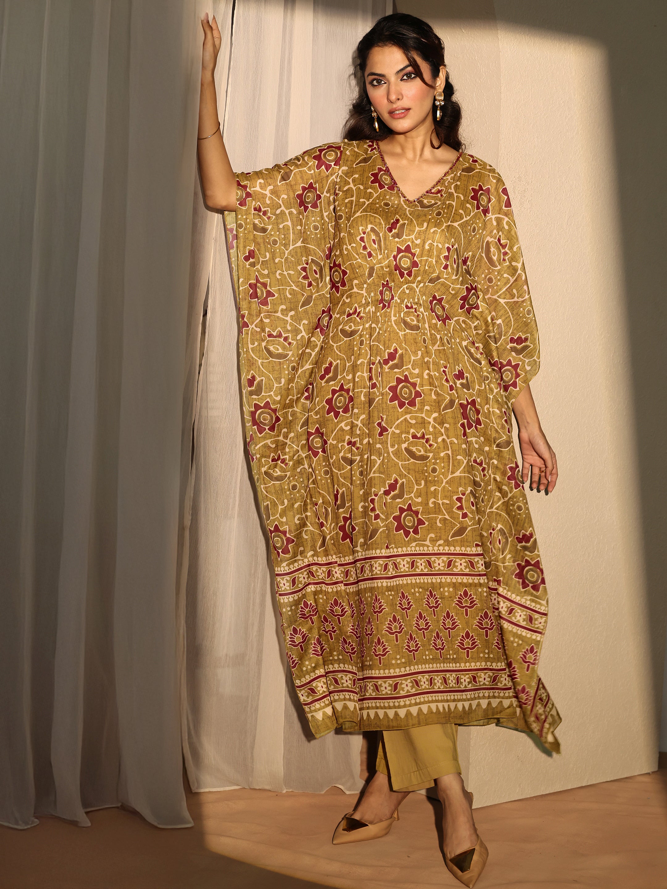 libas Mustard Printed Chiffon A-Line Kurta Set-picture-36