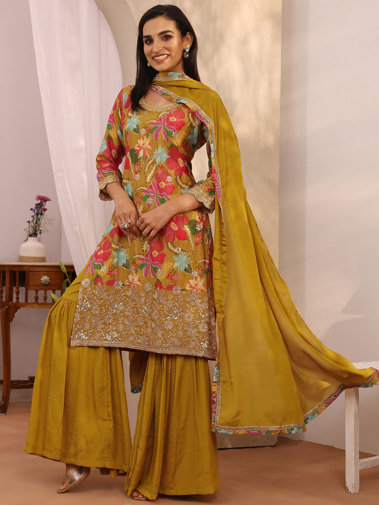 Libas Mustard Printed Chinon Straight Suit Set With Dupatta