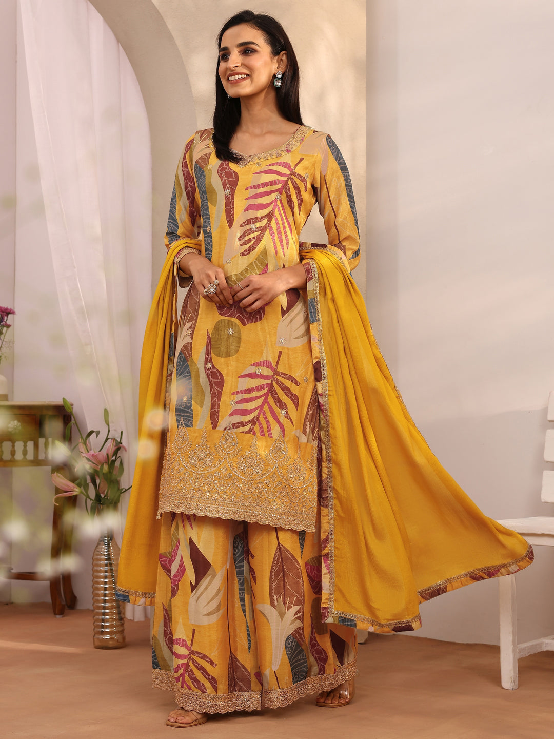 Mustard Printed Chinon Straight Suit Set With Dupatta