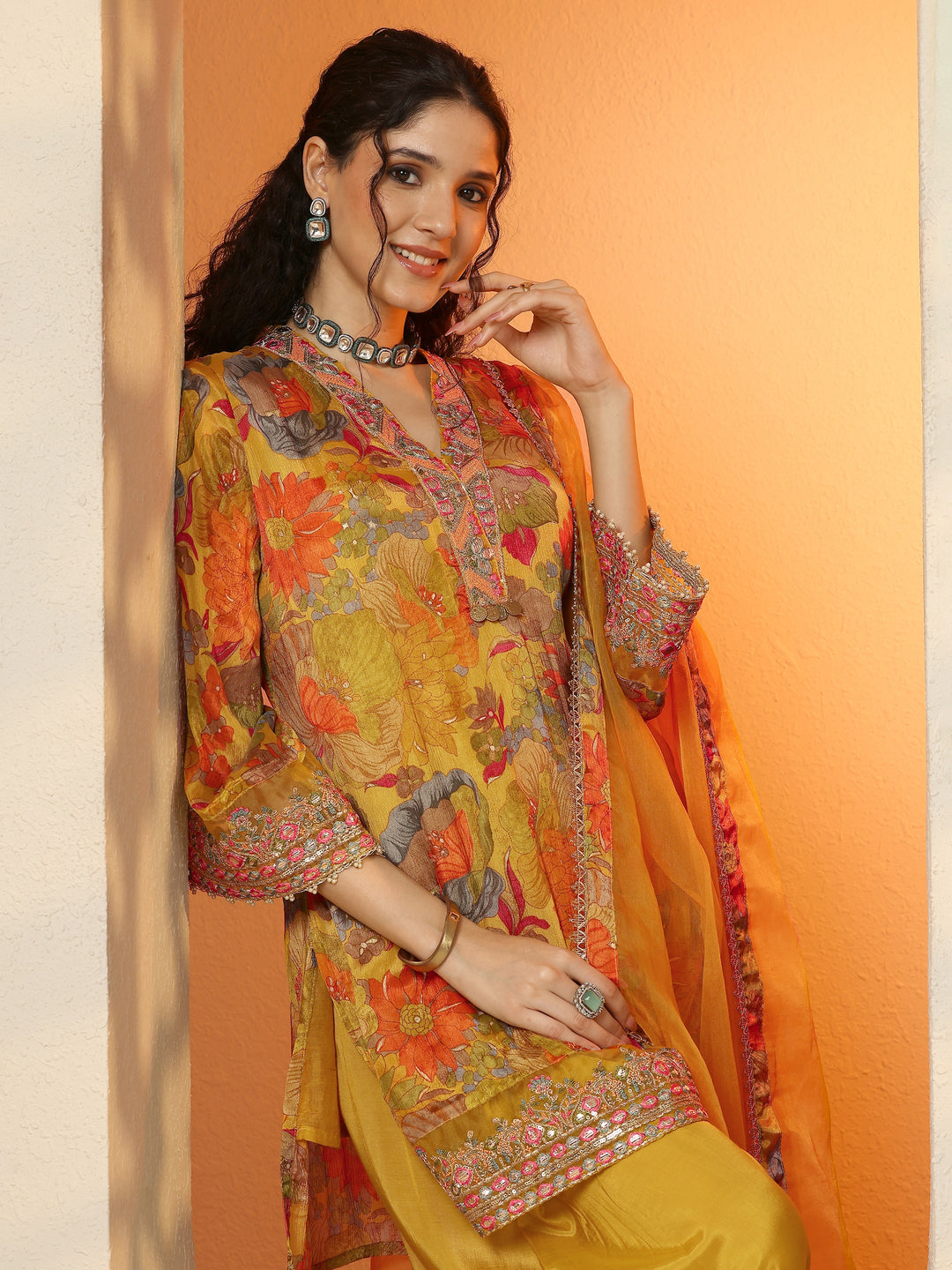 Mustard Printed Chinon Straight Suit Set With Dupatta
