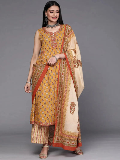 Mustard Printed Cotton Suit Set - Libas