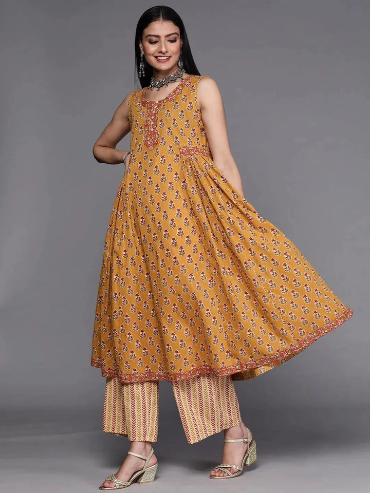 Mustard Printed Cotton Suit Set - Libas