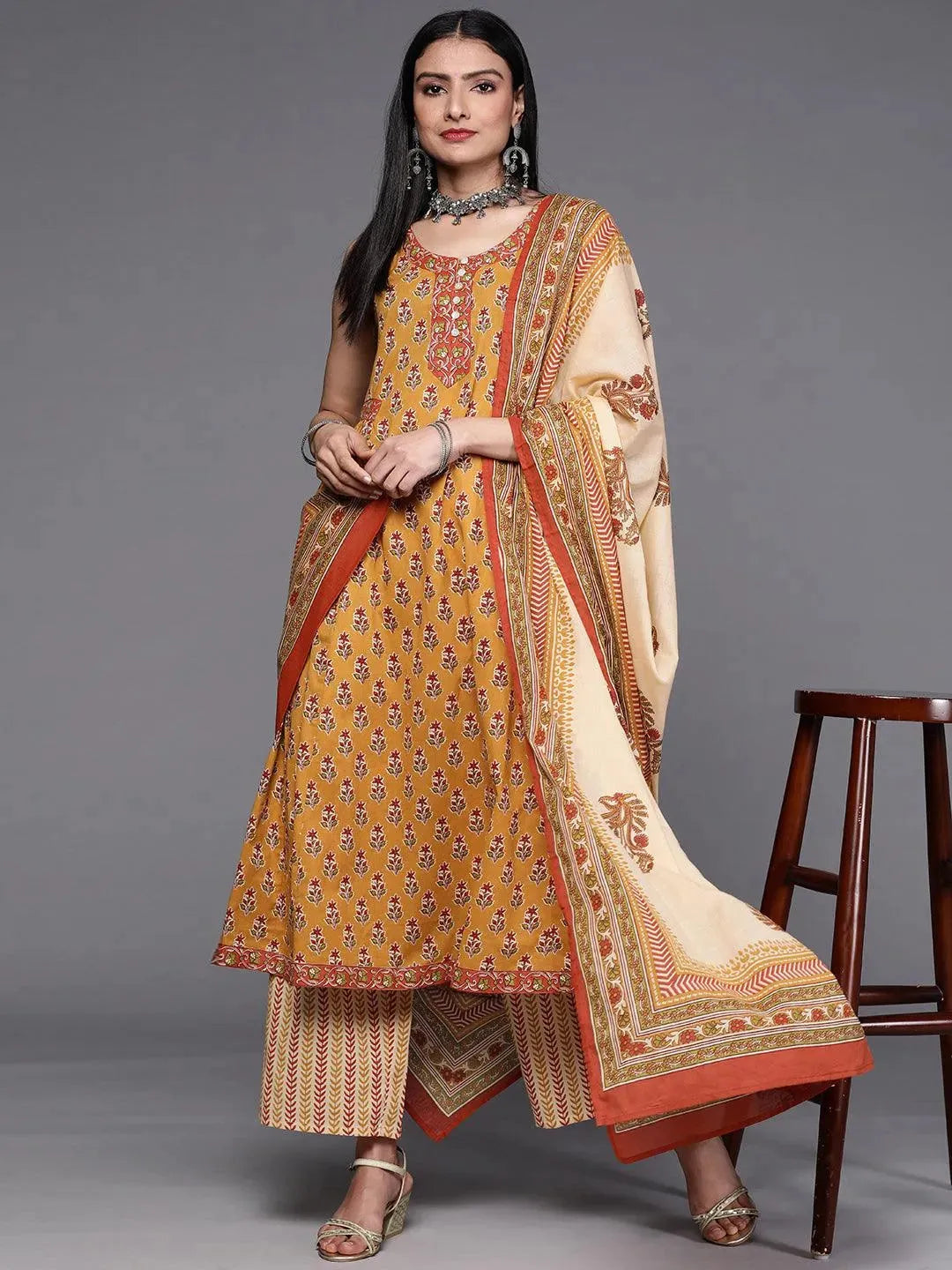 Mustard Printed Cotton Suit Set - Libas 