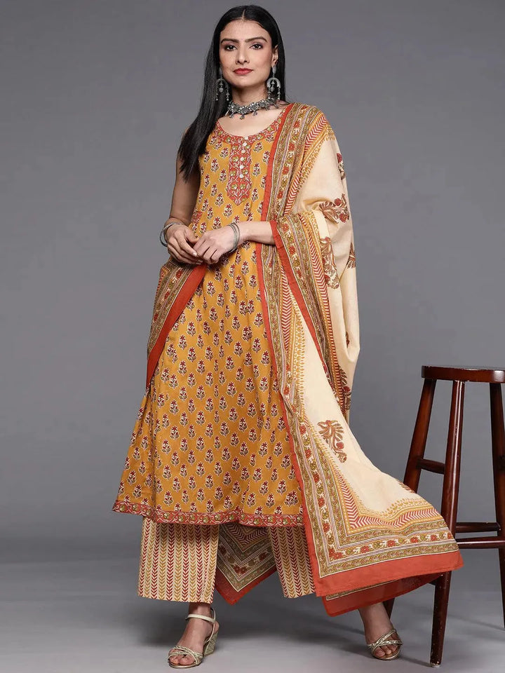 Mustard Printed Cotton Suit Set - Libas
