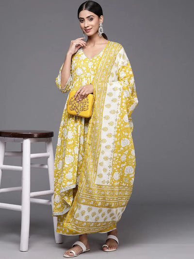 Mustard Printed Cotton Suit Set - Libas
