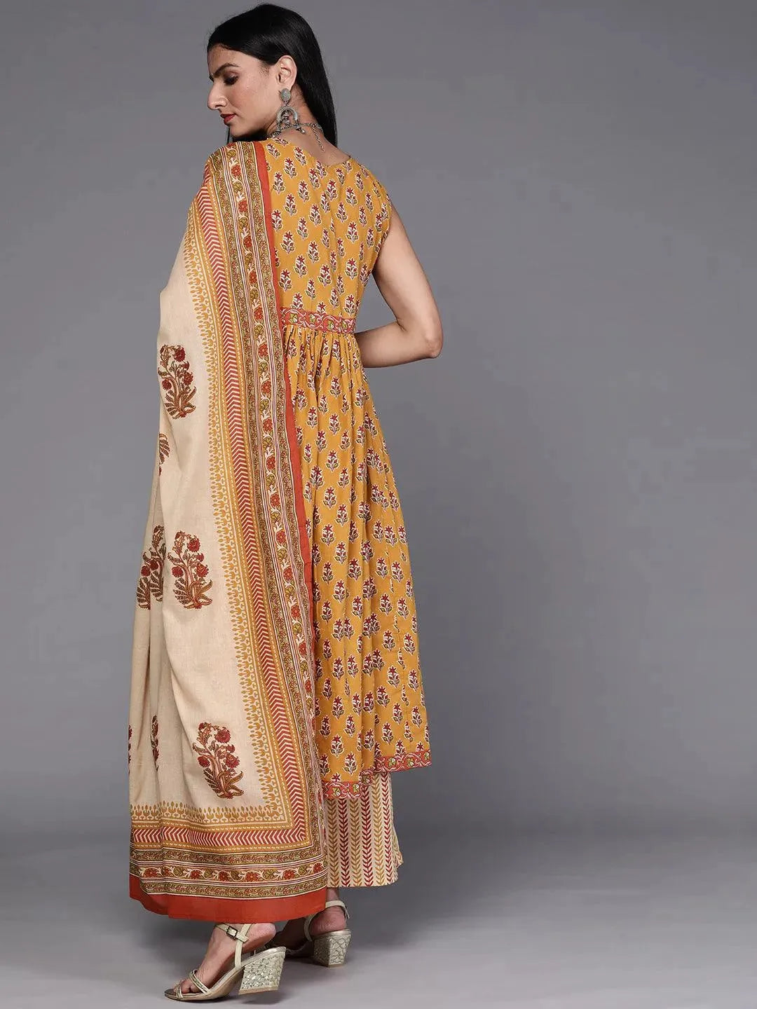 Mustard Printed Cotton Suit Set - Libas 