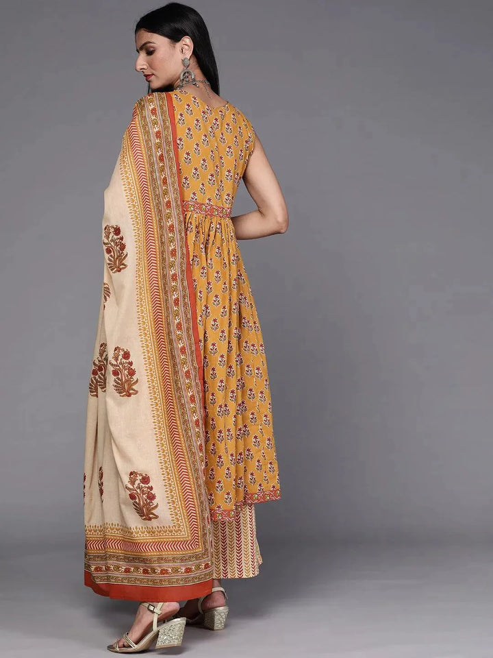 Mustard Printed Cotton Suit Set - Libas