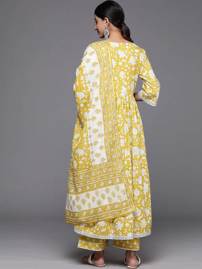 Mustard Printed Cotton Suit Set - Libas
