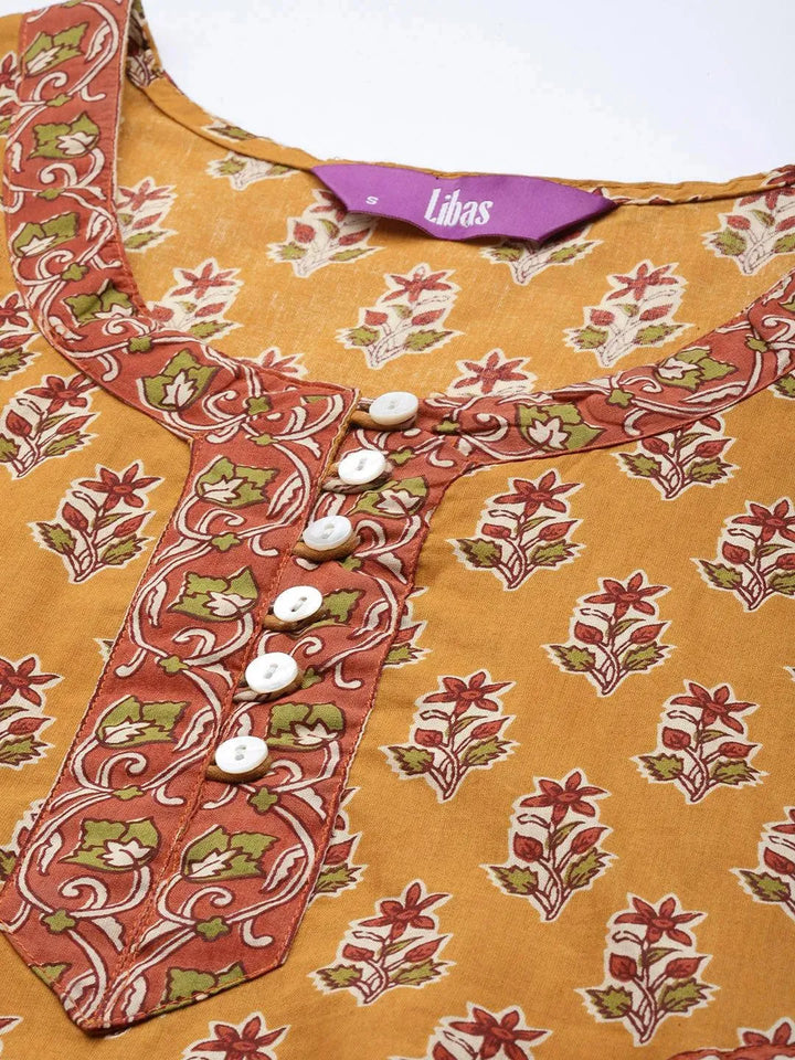 Mustard Printed Cotton Suit Set - Libas