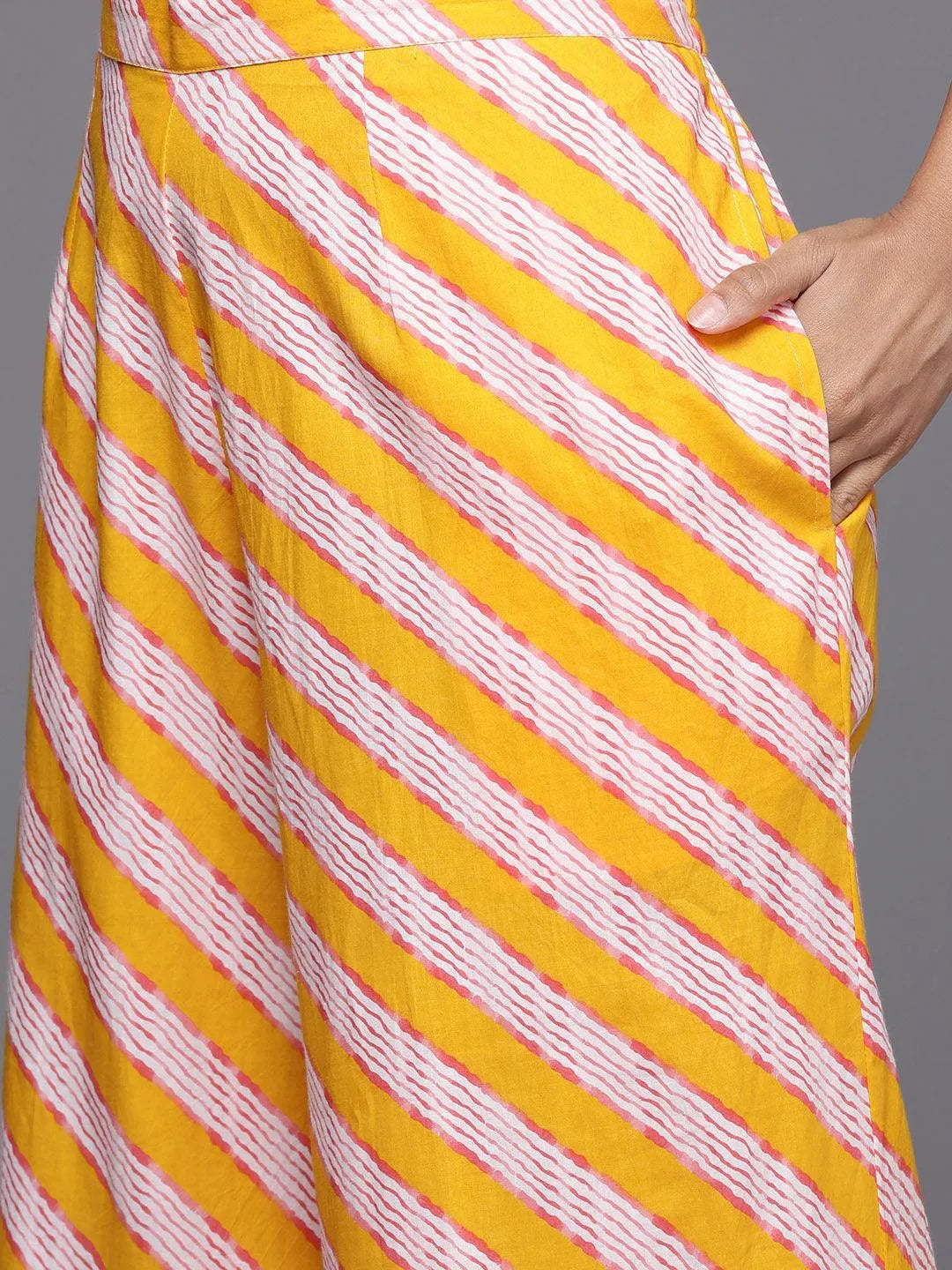 Mustard Printed Cotton A-Line Kurta With Palazzos & Dupatta - Libas