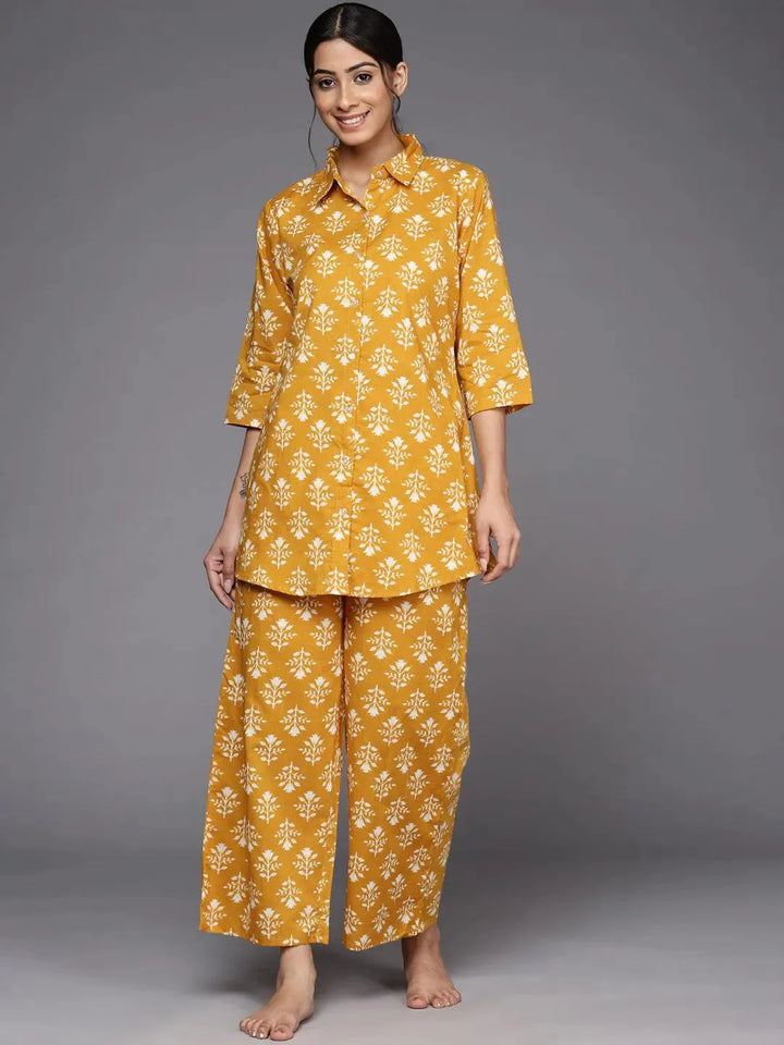 Mustard Printed Cotton Night Suit - Libas