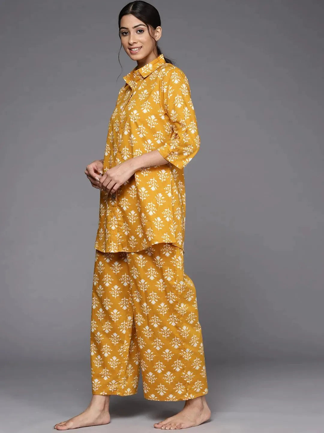 Mustard Printed Cotton Night Suit - Libas