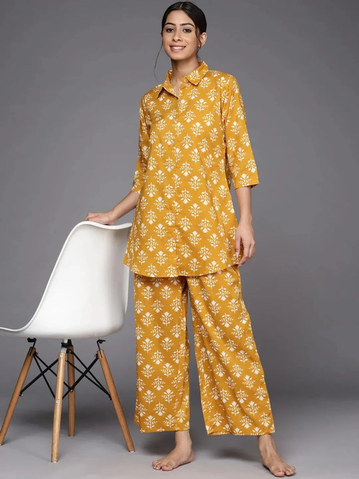 Mustard Printed Cotton Night Suit - Libas