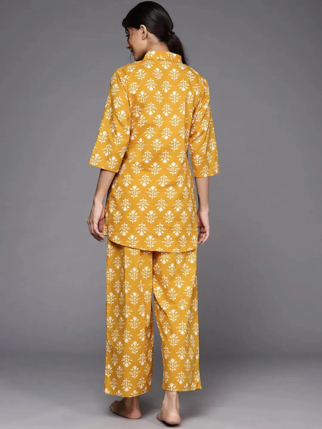 Mustard Printed Cotton Night Suit - Libas 