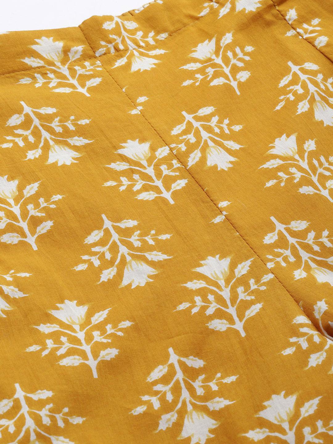 Mustard Printed Cotton A-Line Kurta With Palazzos