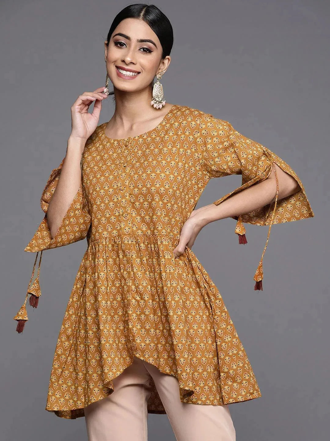 

Mustard Printed Cotton A-Line Kurti