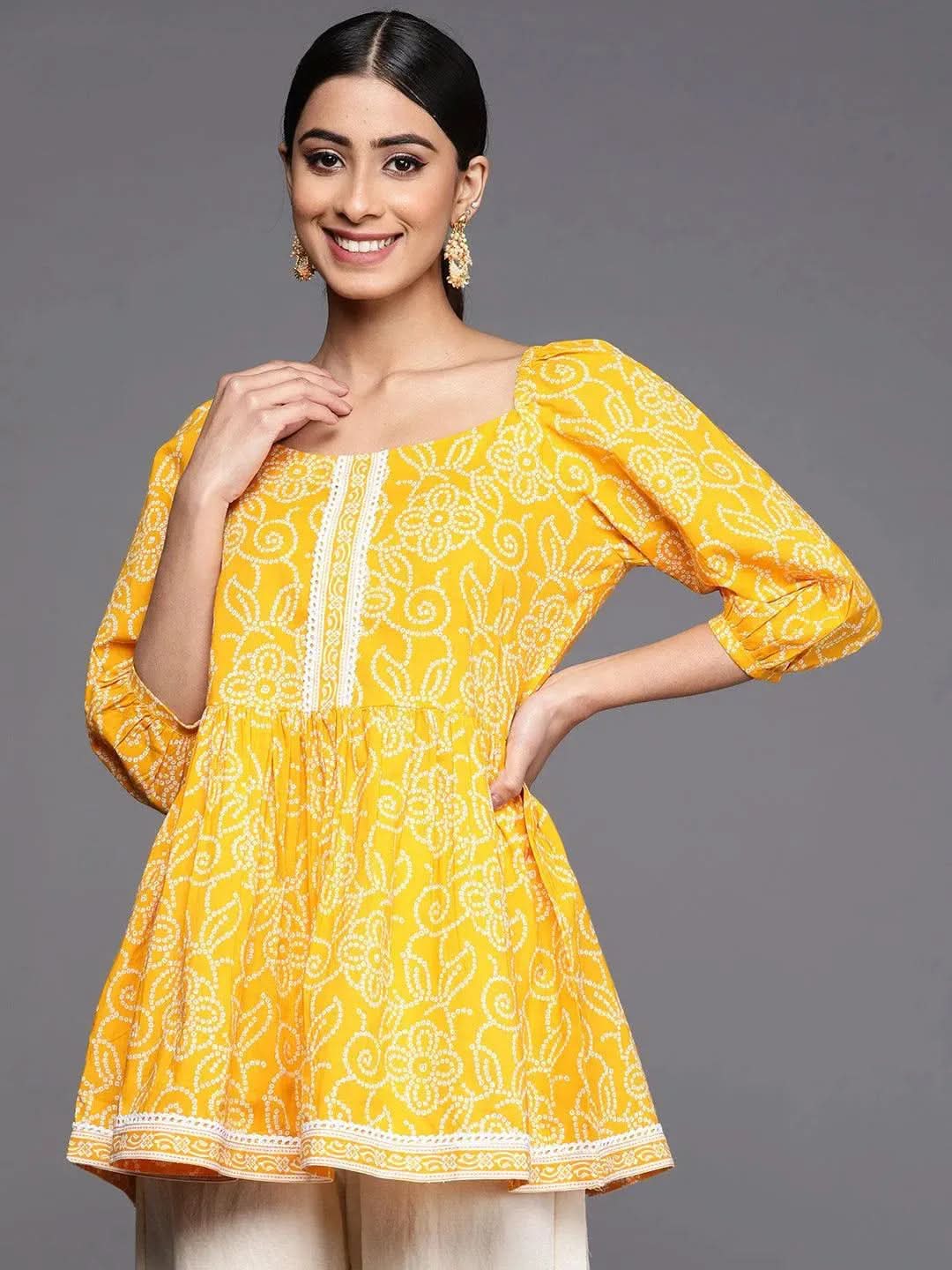 

Mustard Printed Cotton A-Line Kurti