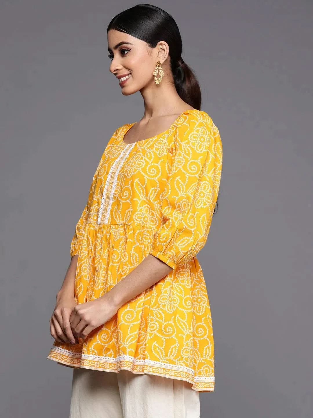 Mustard Printed Cotton A-Line Kurti - Libas 