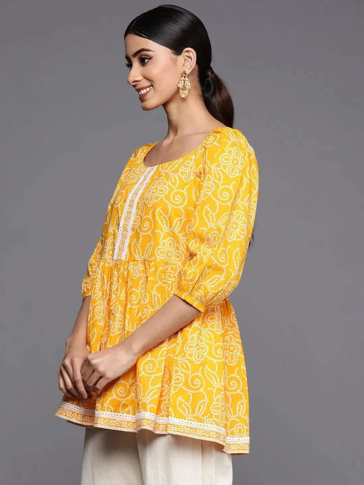 Mustard Printed Cotton A-Line Kurti - Libas