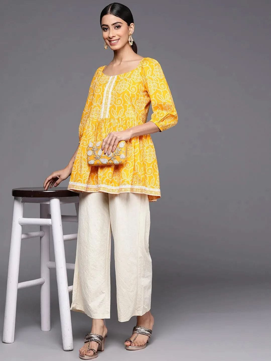 Mustard Printed Cotton A-Line Kurti - Libas 