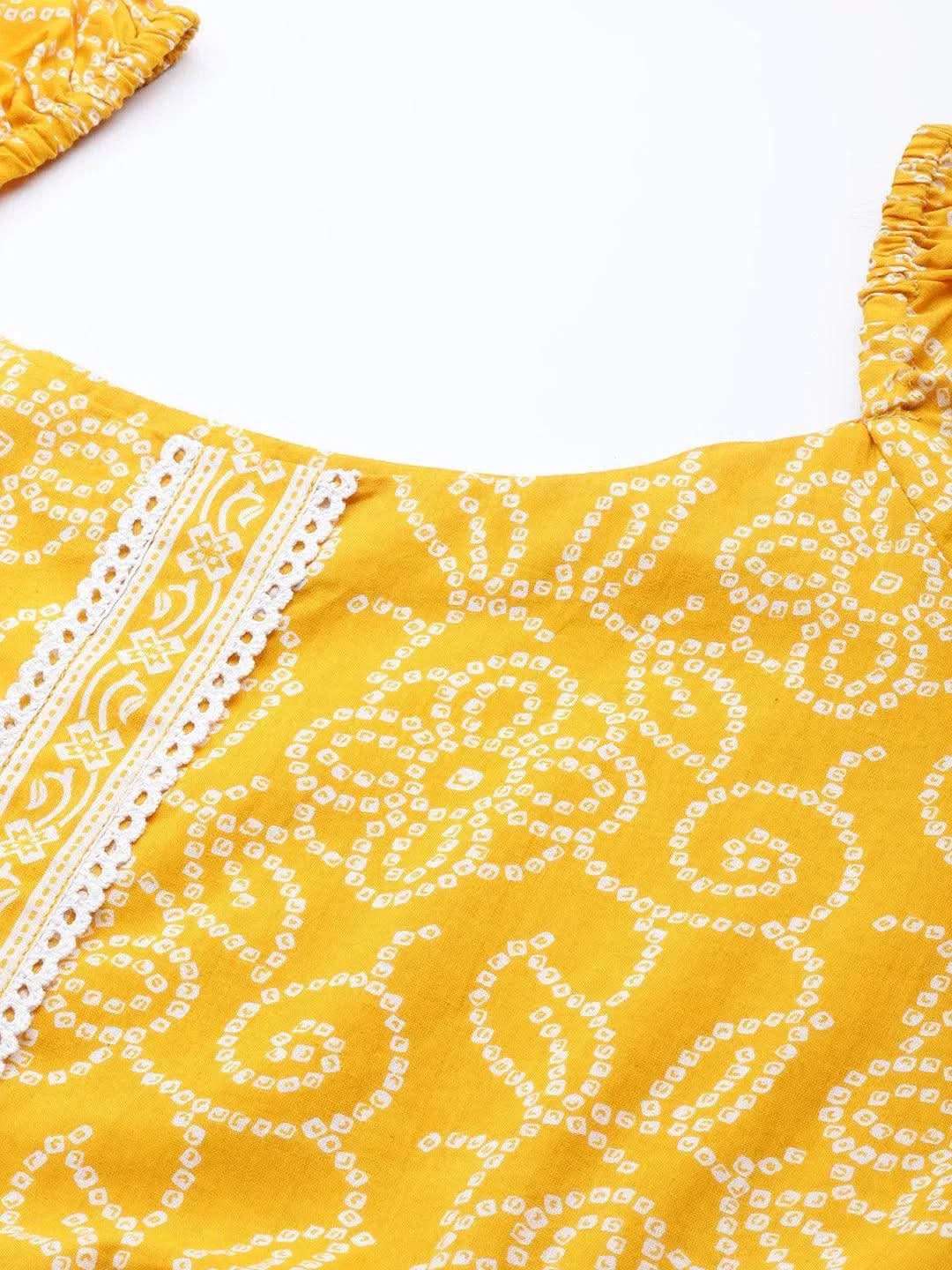 Mustard Printed Cotton A-Line Kurti - Libas 