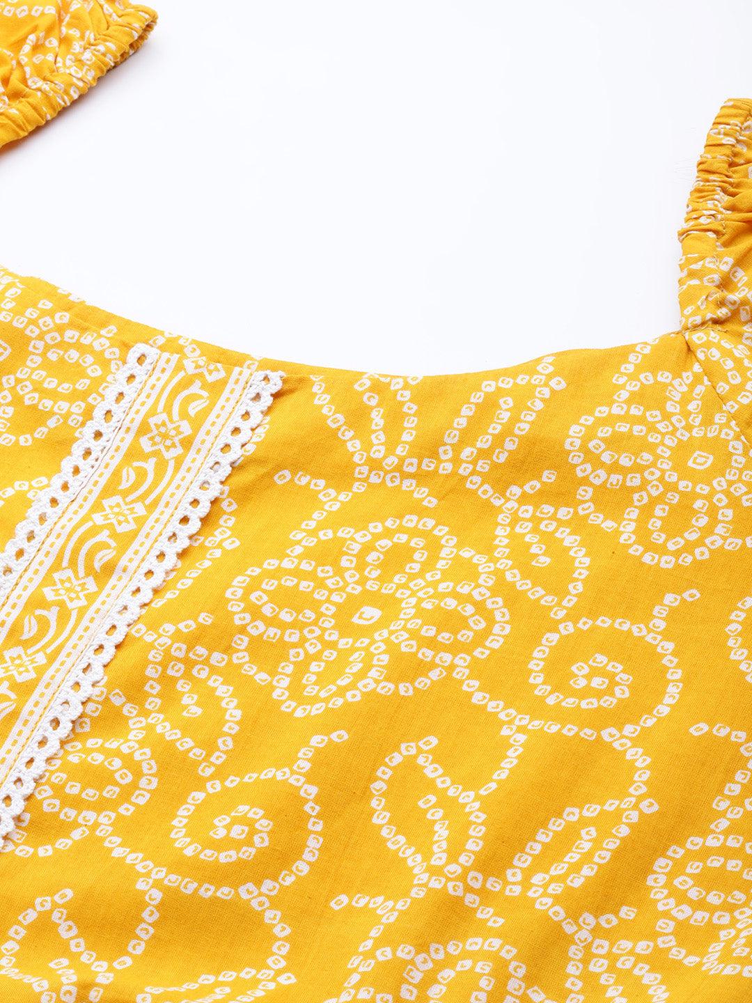 Mustard Printed Cotton A-Line Kurti - Libas