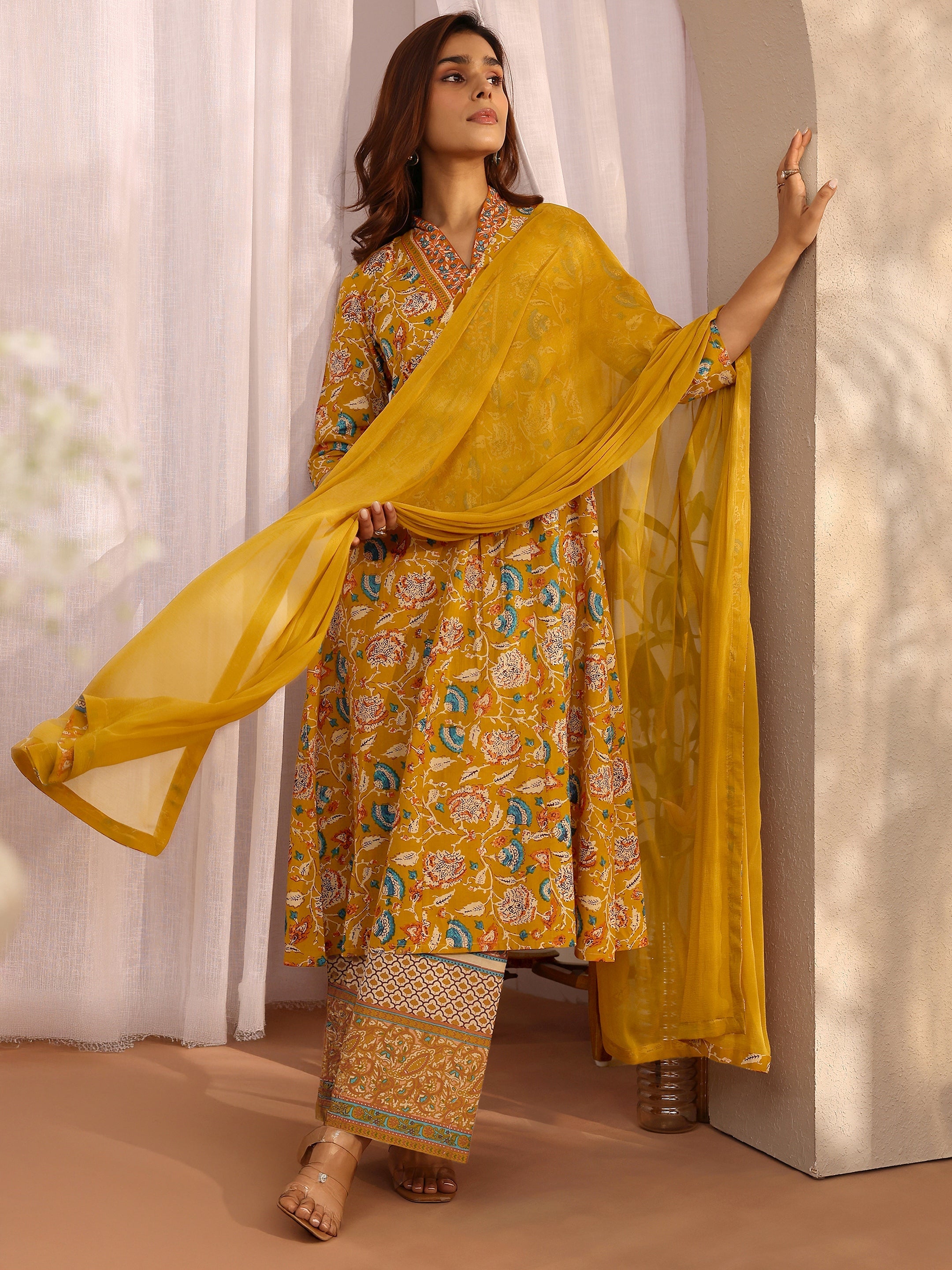 libas Mustard Printed Cotton A-line Suit Set With Dupatta-picture-49