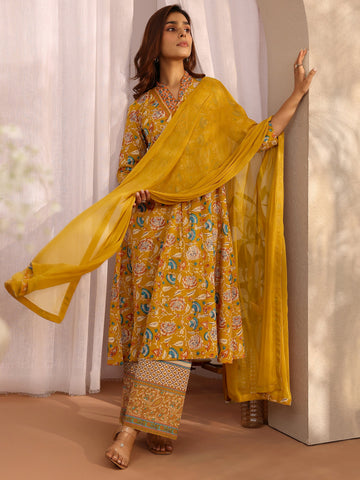 Mustard Printed Cotton A-line Suit Set With Dupatta