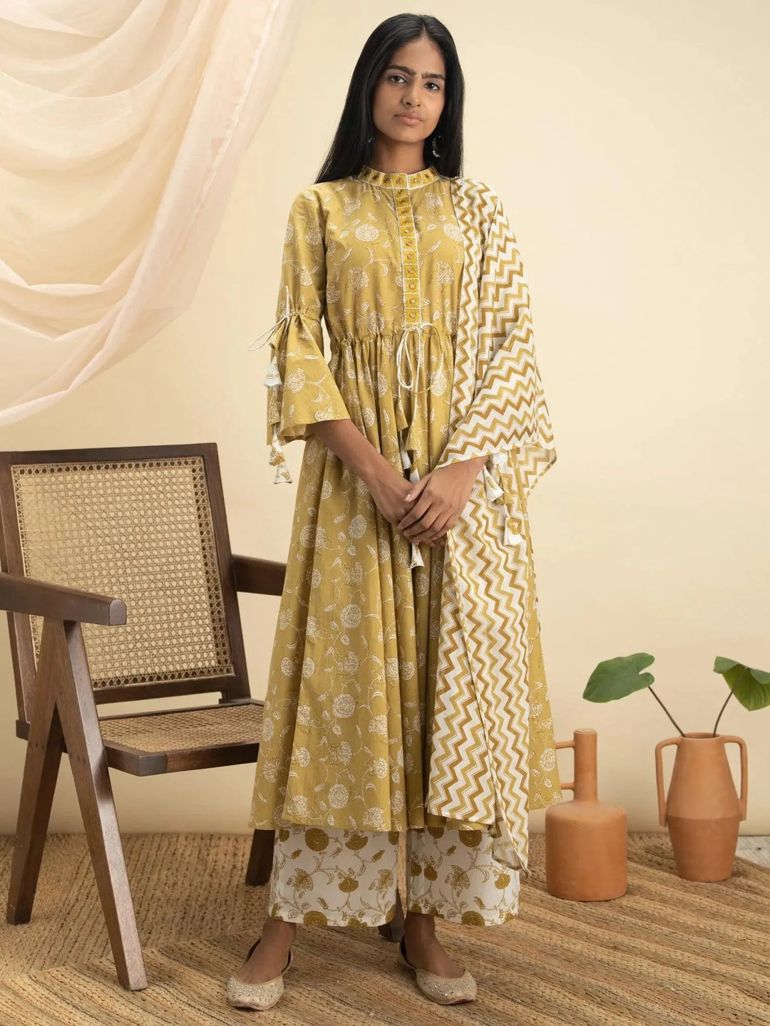 Mustard Printed Cotton Suit Set - Libas