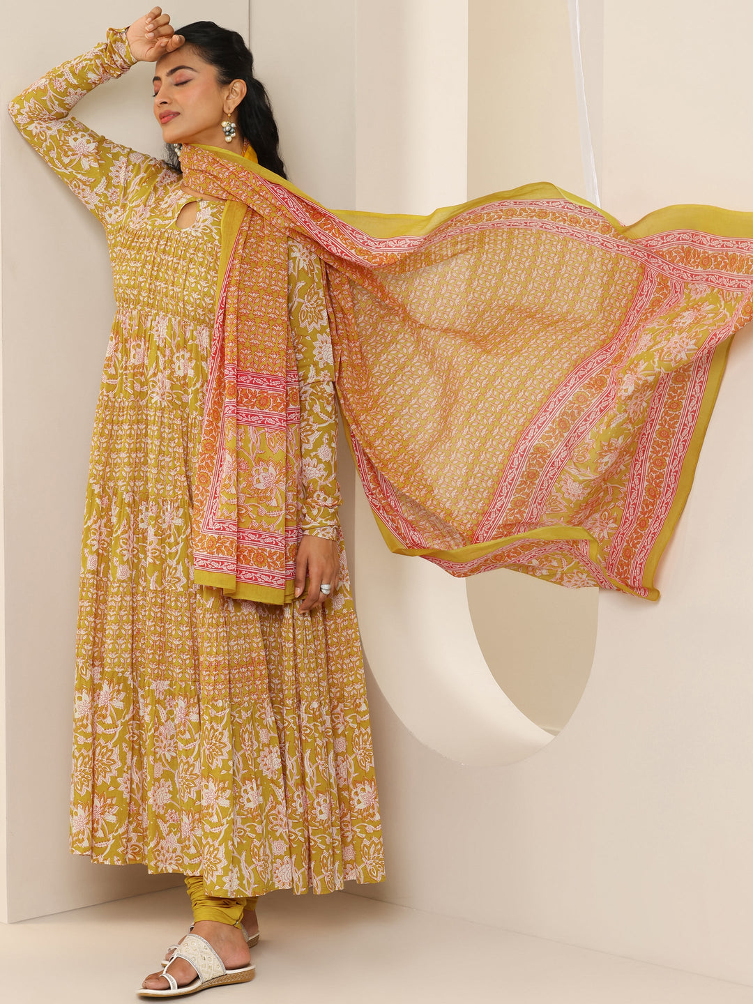  Mustard Printed Cotton Anarkali Suit Set With Dupatta 