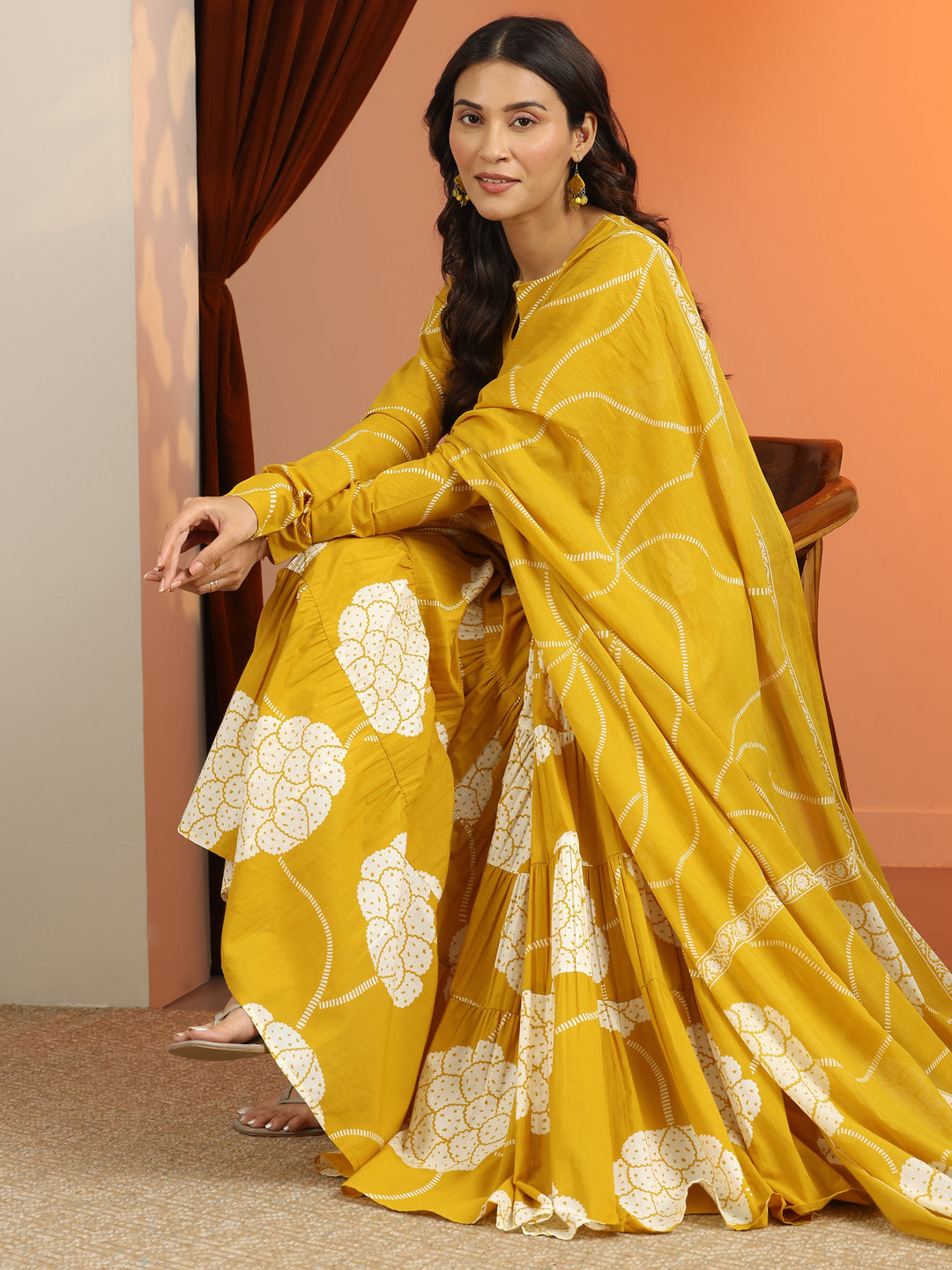  Mustard Printed Cotton Anarkali Suit Set With Dupatta 