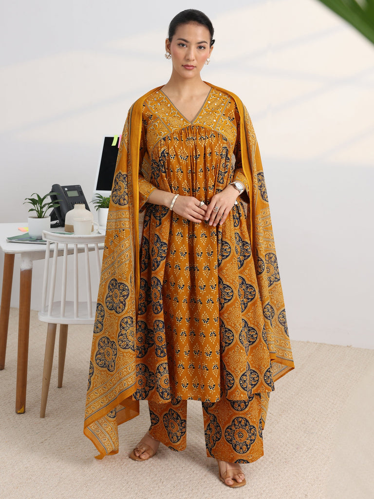 Gerua Mustard Printed Cotton Blend A-Line Suit Set With Dupatta
