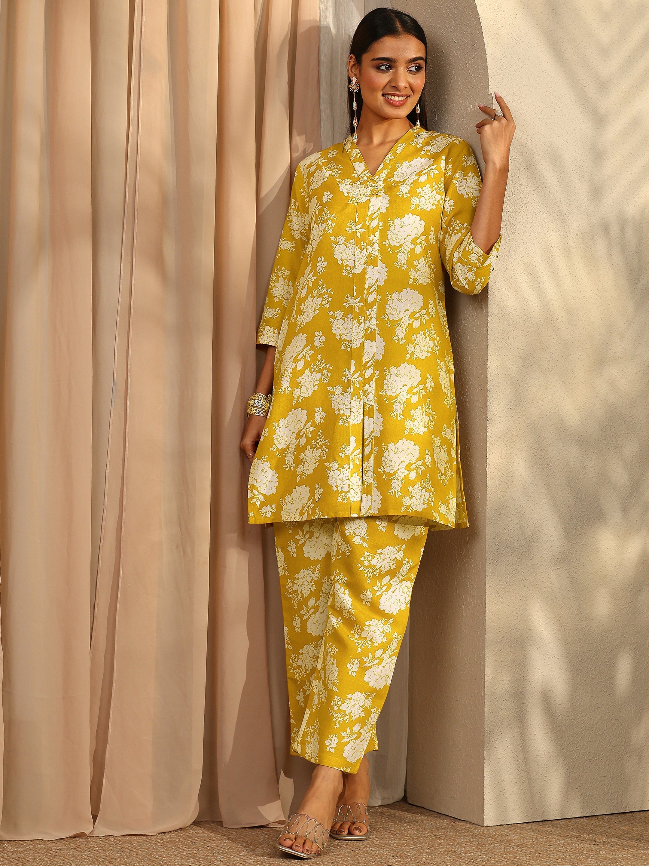 libas Mustard Printed Cotton Blend Co-Ord Set-picture-23