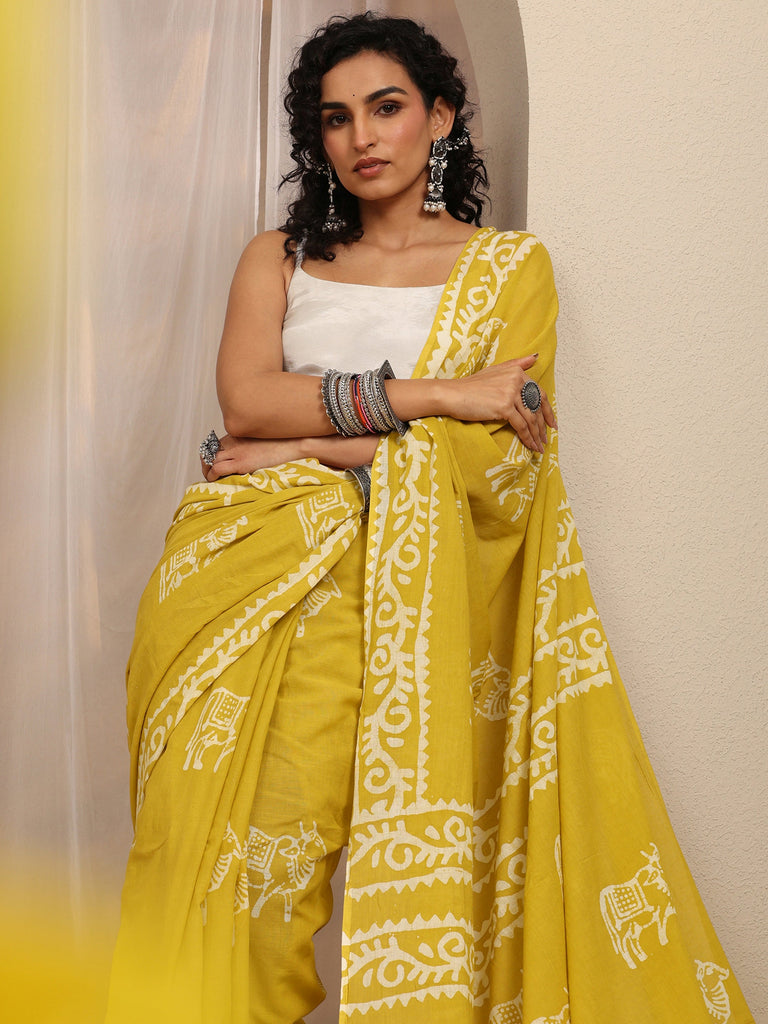 Libas Mustard Printed Cotton Blend Saree With Unstitched Blouse Piece