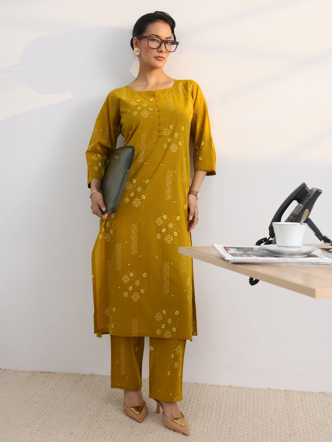  Mustard Printed Cotton Blend Straight Kurta Set 