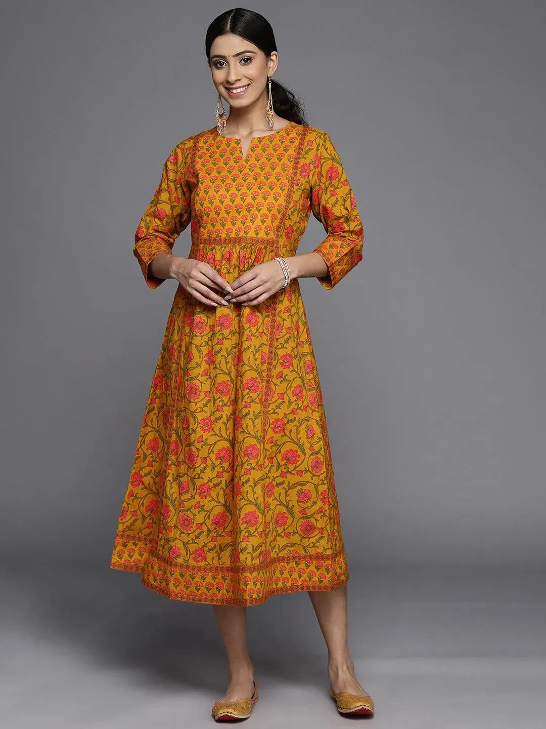 Mustard Printed Cotton Dress - Libas