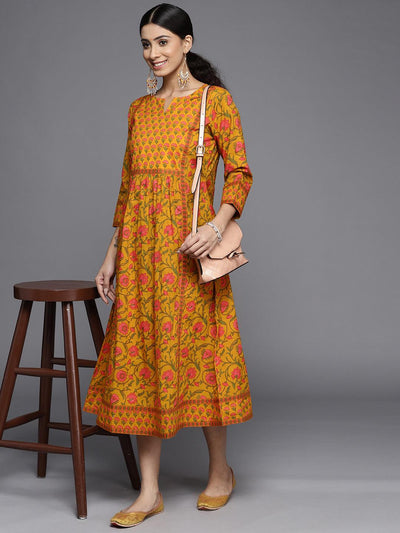 Mustard Printed Cotton Dress - Libas