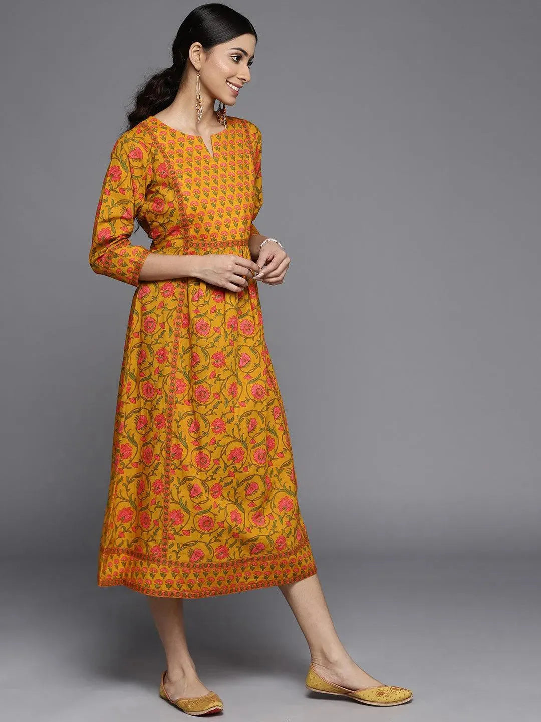 Mustard Printed Cotton Dress - Libas