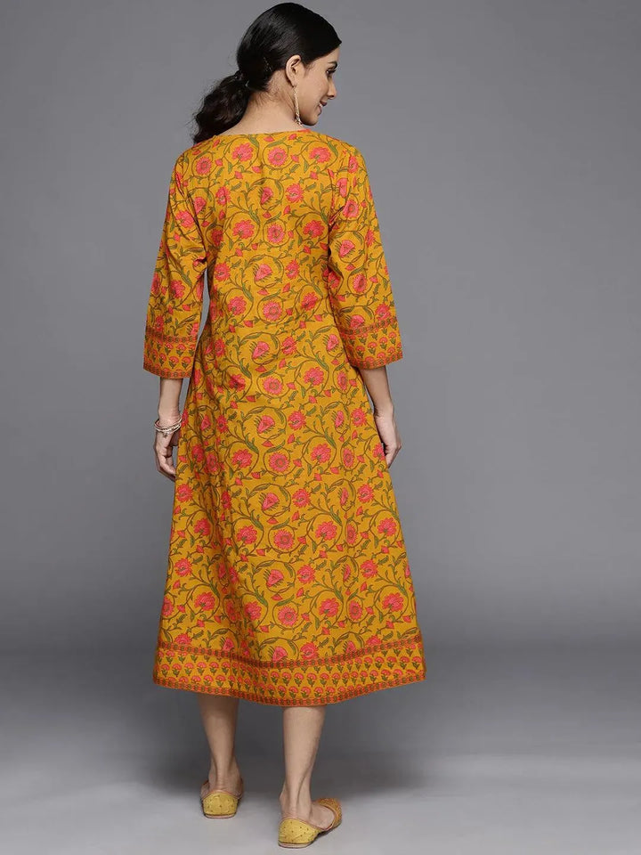 Mustard Printed Cotton Dress - Libas