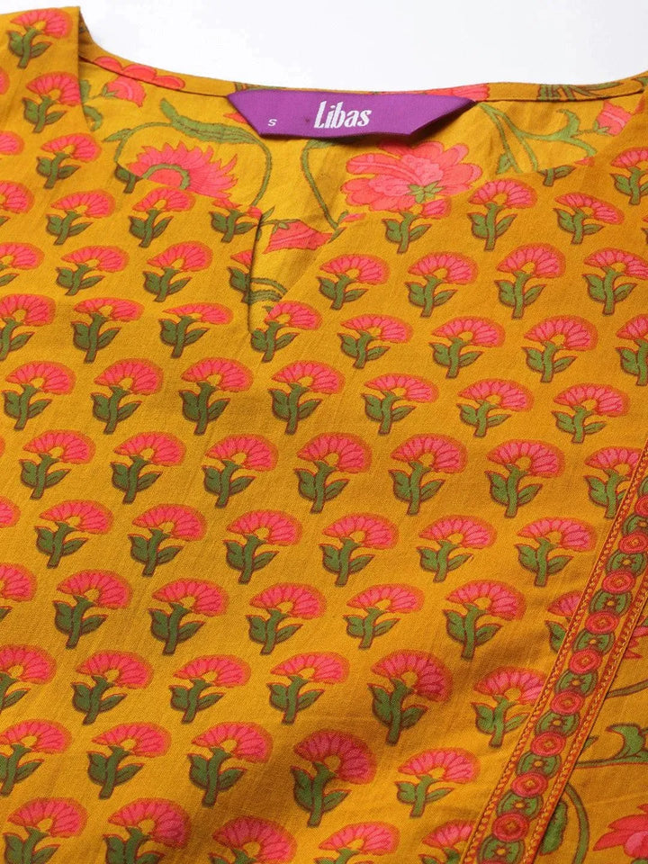 Mustard Printed Cotton Dress - Libas