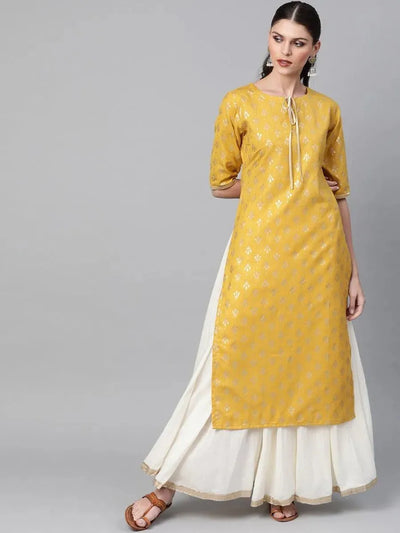 Mustard Printed Cotton Kurta - Libas