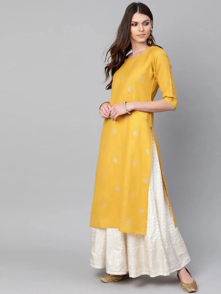 Mustard Printed Cotton Kurta - Libas