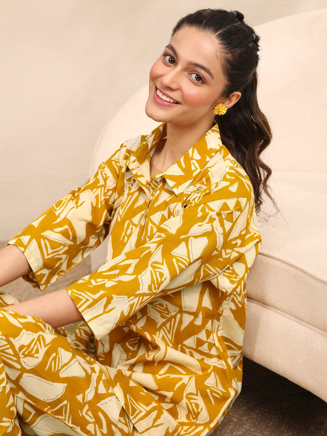 Mustard Printed Cotton Night Suit