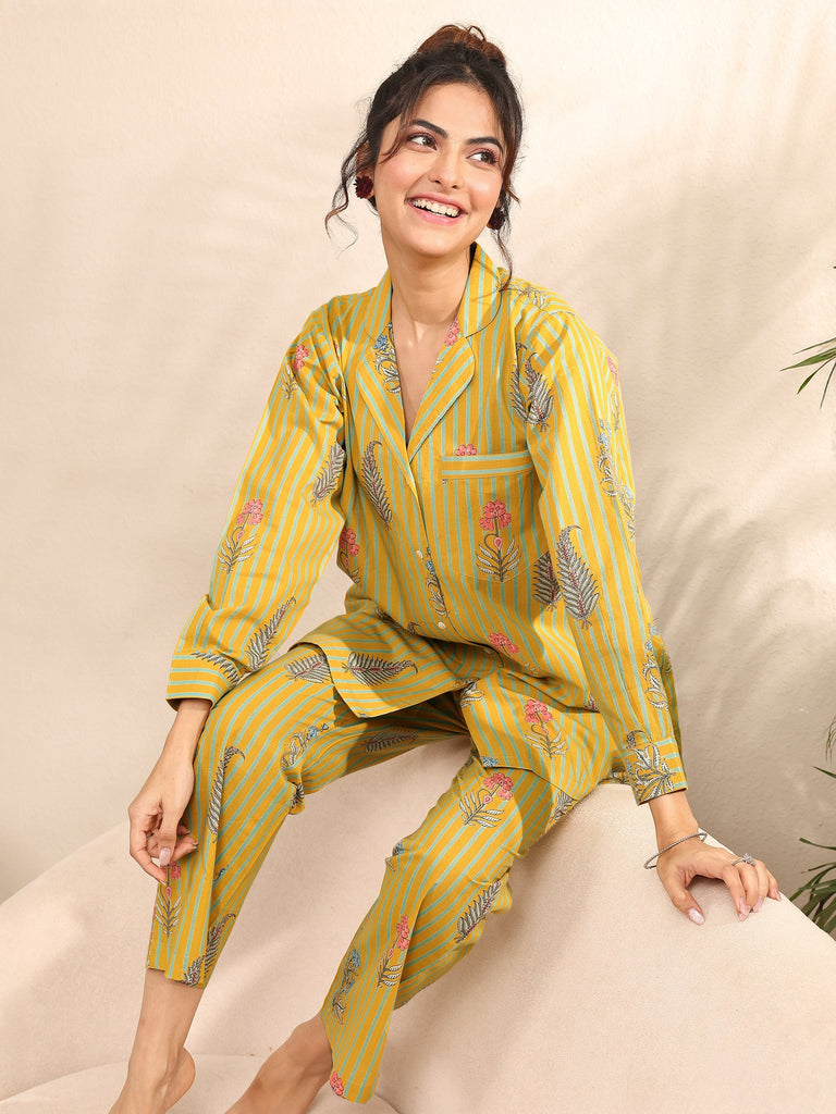 Libas Mustard Printed Cotton Night Suit