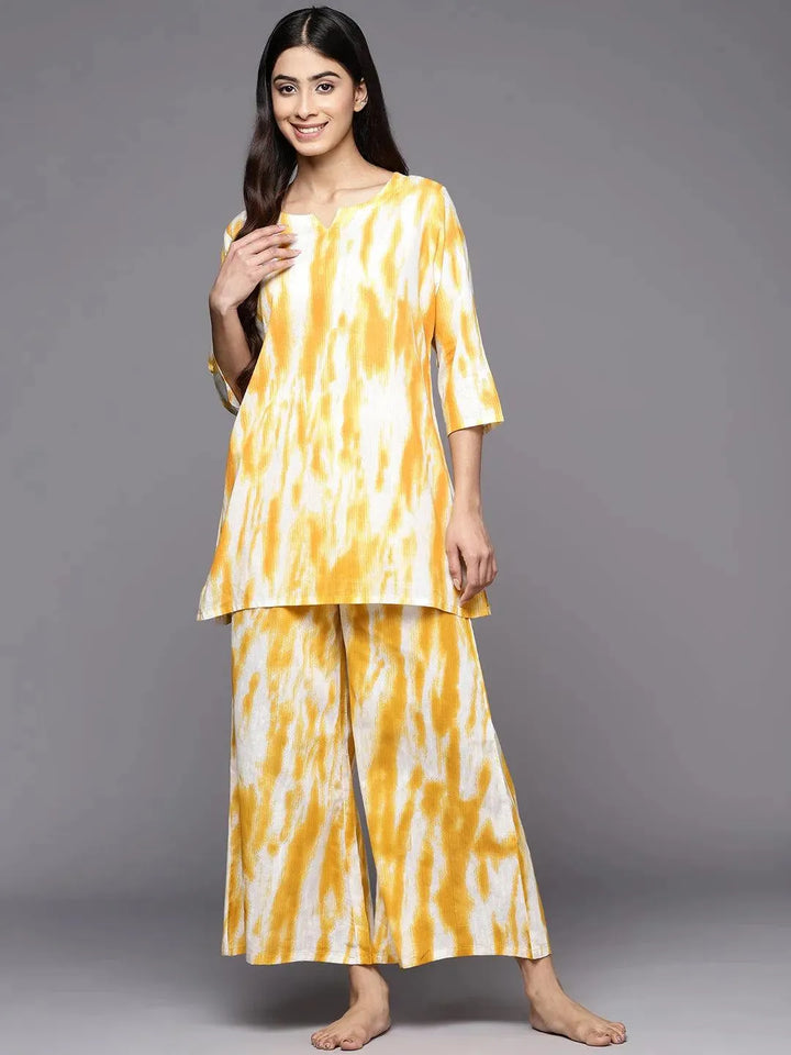 Mustard Printed Cotton Night Suit - Libas